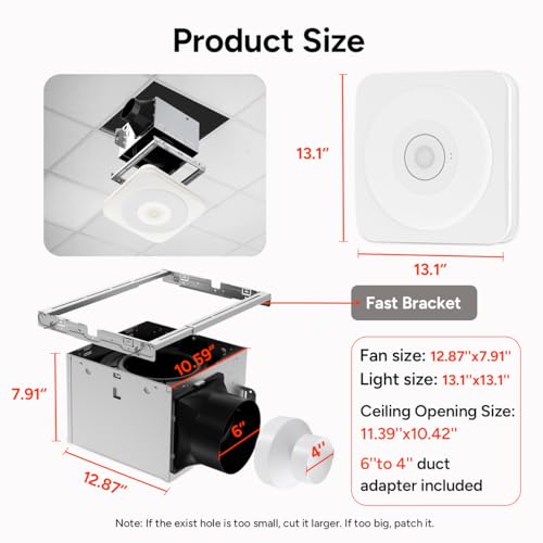 Vents OREiN 4-in-1 Matter Smart Bathroom Exhaust Fan with Light, Bluetooth Speaker & Humidity Sensor, 110/160 CFM, 1500LM 2700K-6500K, Alexa/App/Remote Control, Required Ceiling Opening 11.39″x10.42″ SmartThings Compatible Vents OREiN 4-in-1 Matter Smart Bathroom Exhaust Fan with Light, Bluetooth Speaker & Humidity Sensor, 110/160 CFM, 1500LM 2700K-6500K, Alexa/App/Remote Control, Required Ceiling Opening 11.39″x10.42″ SmartThings Compatible