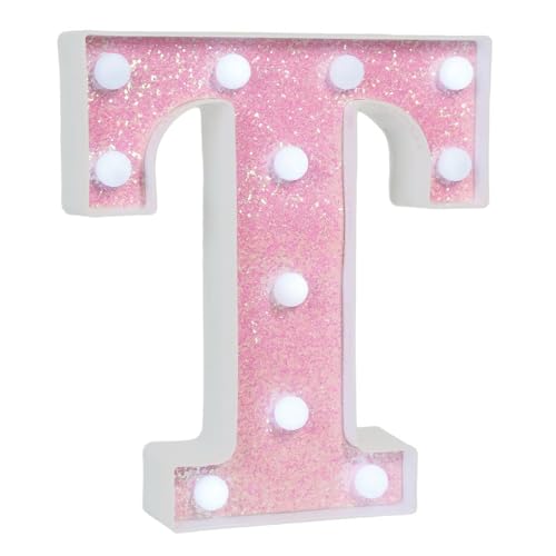 Image of Pink Glitter Marquee Light Up Letters, Battery Operated LED Letter Lights Signs for Pink Birthday Party Table Decorations, Wall Decor for Girls Bedroom, Initial Letter T with Cool White Lights
