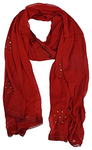 Image of YOUTHQUAKE Flower Embroidered Diamond Work Chiffon Dupatta for Womens & Girls With 4 Side Lace