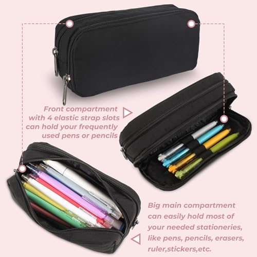 Image of Della Gao Large Pencil Case, Big Capacity Pencil Pouch with 2 Compartments, Office Pencil Bag with Zipper, Big Pen Case for Adults (01-Black)