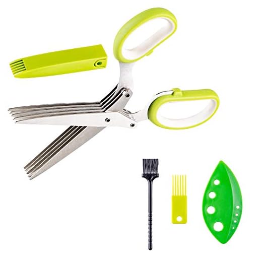 PROTECTIF Herb Scissors with 5 Blades and Cover - Cool Kitchen Gadgets - Cutter, Chopper and Mincer - Sharp Heavy Duty Shears for Cutting, Shredding and Cooking Fresh Garden Herbs - Plus Herb Stripper