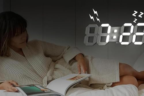 Image of 3D LED Digital Wall Clock with Three Alarm Sets, White, Desk Stand, Modern Style