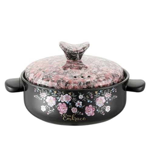 Elegante cacerola de cerámica con motivos florales, con tapa de mármol disponible, asas resistentes al calor, ideal for sopas, guisos y ollas calientes, perfecta for cocinar en familia.(Pink,3l)