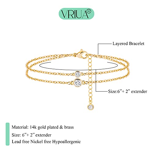 Vriua Gold Bracelets For Women, 14K Gold Plated Layered Bracelet Dainty Diamond Cz Link Bracelets Adjustable Twisted Bead Link Lips Chain Bracelets Set Gold Jewelry For Women #TOP3