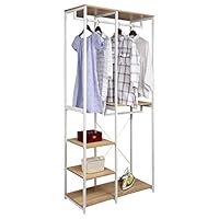 eSituro Heavy Duty Clothes Rail, Free Standing Open Wardrobe with 2 Hanging Rails, 5 Shelves, Garment Rack with Metal Frame, Hallway Coat Rack, White + Light Oak