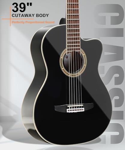 Image of AKLOT 39 inch Cutaway Classical Guitar: Spruce Top with Mahogany Back & Sides, Nylon Strings with Wound Bass Strings, Full Size Acoustic Classical Guitar Set with Bag, Tuner, Capo, Strings & Picks(BZ-OM)