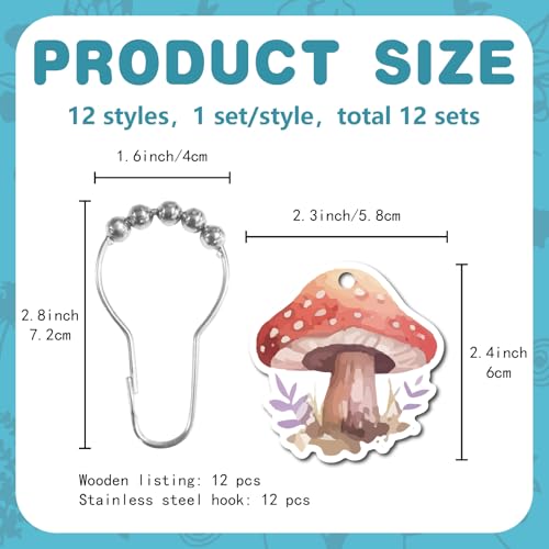 CREATCABIN 12Pcs 12Styles Mushroom Shower Curtain Hooks Metal Shower Curtain Rings Wood Pink Purple Curtain Hooks Shower Curtain Hanger with Stainless Steel Chain for Bathroom Decoration - Image 2
