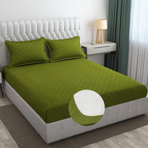 Image of Blue Strip Polycotton Fitted Bedsheet, King 72x78 (Green Check) | 300 TC | All-Round Elastic Grip | Soft, Breathable & Colourfast | Wrinkle Resistant | Machine Washable