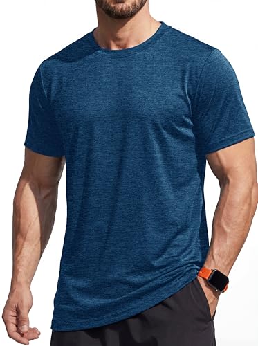MAGCOMSEN Workout Running Shirts Men Training T-Shirts Quick Dry Breathable Moisture Wicking T-Shirts Sports Gym Short Sleeve Shirts Mid-Blue, L