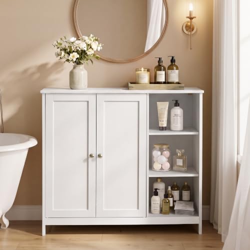 Image of VASAGLE Bathroom Floor Cabinet, Freestanding Storage with 2 Doors | MDF Organizer, Adjustable Shelves, 35.4 x 11.8 x 31.5 inches, Cloud White, SIREN Collection UBBK070WB01S