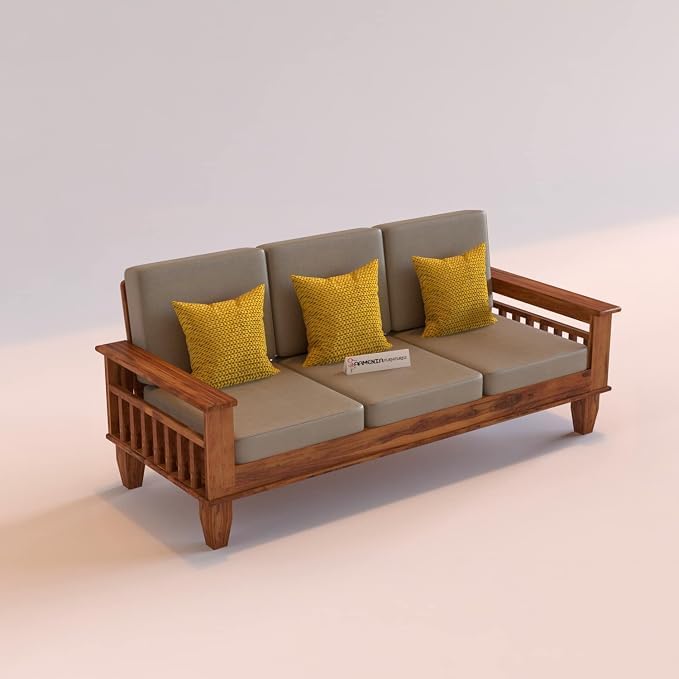 Image of Sheesham Wooden 3 Seater Sofa for Living Room | Rosewood 3 Seater Cushion Sofa with Side Newspaper Holder for Home & Office | Solid Wood Sofa Set for Lounge (Honey)
