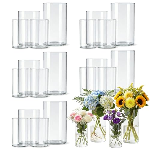 Wehomai 24pcs Glass Cylinder Vases 4 5 6 Inch for Centerpieces Small Clear Flower Vases for Wedding Decorations and Indoor Home Decor Hurricane Candle Holder for Table Shelf Party