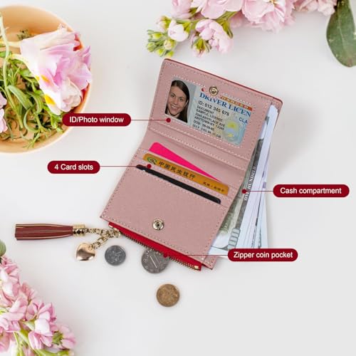 Image of KOTORA Womens Small Wallet Girls Tiny Slim Wallets Pretty Mini Card Holder Thin Short Zip Coin Purse with Love Pendant and Tassels (Red02)