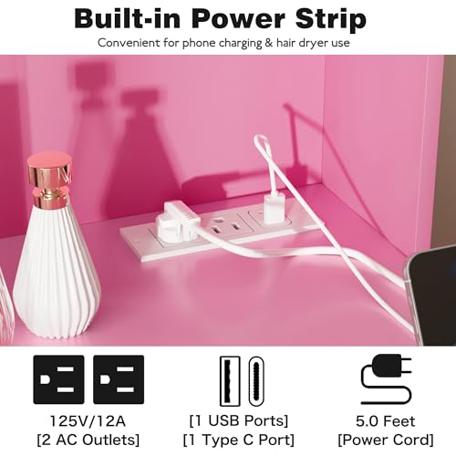 Image of YESHOMY Vanity Desk with Mirror, Power Outlet and 10 Lights, Makeup Table with 7 Drawers, 3 Color Modes Available for Bedroom, Light Pink