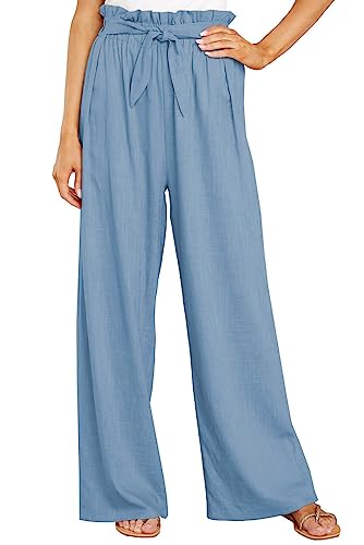 CHARTOU Women's Cotton Linen Loose Fit Palazzo Pants Casual Elastic High Waist Wide Leg Paper Bag Pants with Pockets