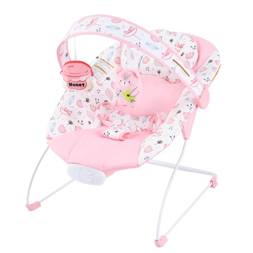Otrolepota Baby Bouncer, Infants Bouncy Seat with Music and Vibrations,Baby Rocker with Hanging Rattles Bear & Honey Pot for Newborns Indoor Outdoor Use 0-6 Months Up to 20 lbs