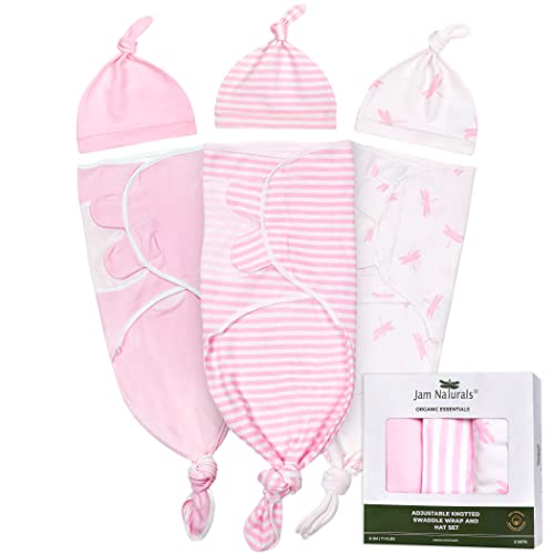 Image of Jam Naturals- Organic Knotted Tie Bottom Adjustable Velcro Swaddle and Hat Set of 3, Newborn Sleep Sack (0-3m, 7-14lbs Pink)