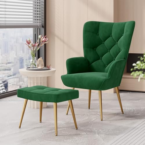 Aivermeil Sessel Wohnzimmer Einzelsofa Loungesessel modern Relaxsessel mit Hocker,Gold Metallfüßen, Samt, für Wohnzimmer Schlafzimmer, Bis 150 KG Grün