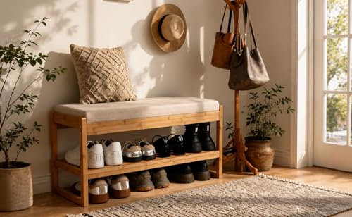 Zedelmaier Schuhbank aus Bambus mit Sitzfläche & Polster Sitzbank mit Stauraum Schuhregal mit Sitzfläche Schuhregal mit 2 Ebenen für Flur Eingang 76 x 32 x 46 5 cm