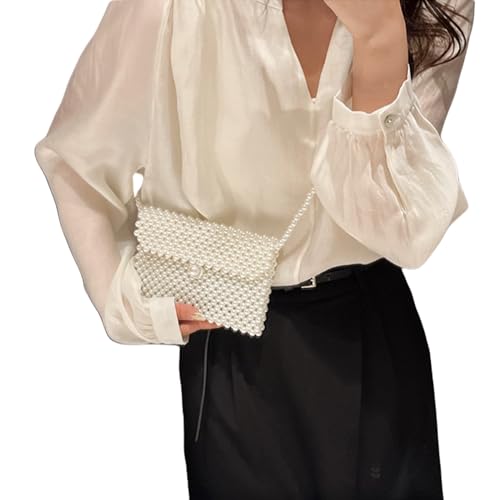 Image of Women's White Beaded Pearl Handbag - Vintage Clutch Wristlet Mini Evening Bag for Party (Big)