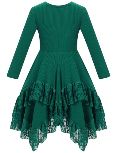 FYMNSI Girls Sweater Dress Boho Long Sleeve Ribbed Knit Floral Lace Trim Asymmetric Hem Kids Birthday Christmas Casual Dress2