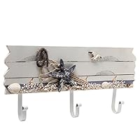 MyGift 3 Hook Coastal Style Wall Mounted Entryway Coat Rack, Decorative Nautical Beach Starfish and Seashell Theme Wood Panel with White Metal Jacket Hanging Hooks