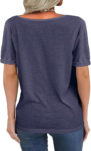 Image of Danedvi Women Deep V-Neck Short Sleeve Tops Solid Casual Loose T Shirt