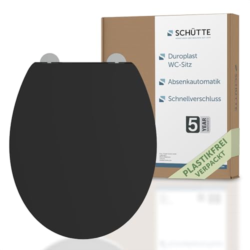 Slim WC-Sitz mit Absenkautomatik | Abnehmbarer Klodeckel aus bruchsicherem Duroplast | Innovative DIY Montage durch Klebepads | Toilettendeckel und Brille bis 200 kg belastbar | Schwarz