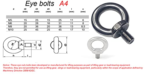 M10 Lifting Eye Bolts Made from Marine Grade A4 Stainless Steel 316 (Pack of 2) - Image 4
