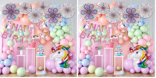 Image of Rozi Decoration Unicorn Theme Birthday Decoration Kit | 60 Pcs Set with Unicorn Balloon, Pastel Balloons, Paper Fans, Happy Birthday Banner (Paper Cardstock), Glue Dots & Arch Roll (Pack of 2)