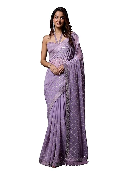 Elegant Lavender Georgette Saree with Sequin Work & Designer Border – Perfect for Party & Wedding Wear.