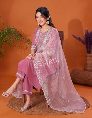 Image of SIRIL Women's Cotton Blend Sequence Embroidery Straight Kurta Pant with Dupatta Set