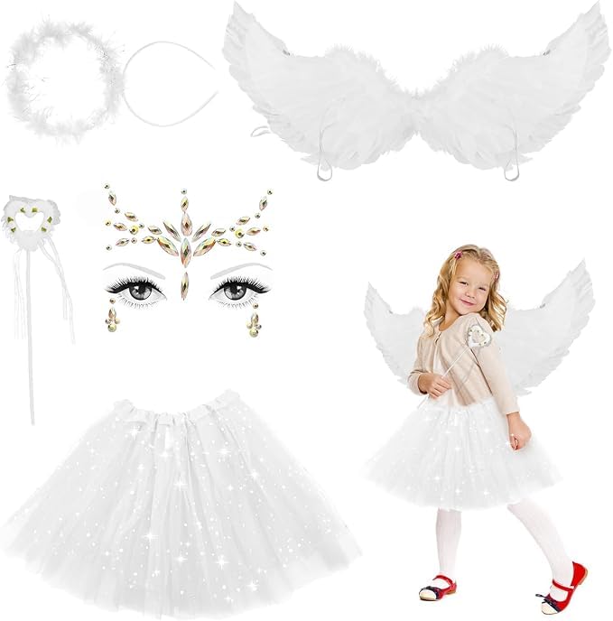 Luchild Angel Wings and Halo for Kids 5pcs Fancy Dress Up Dress Halloween Party Costume for Girls, White, Children's Sizes