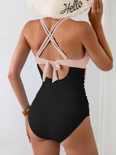 Image of Aidonger Women's One Piece Color Block Swimsuit Tummy Control Slimming Bathing Suit V Neck Cutout High Waisted Swimwear