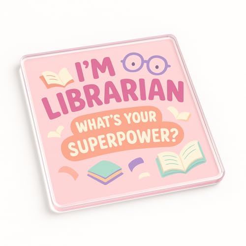 Funny Acrylic Coaster Gift - Superpower Librarian Design with Books and Glasses - Humorous Desk Accessory