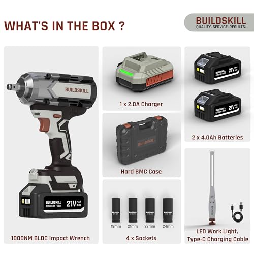 Image of BUILDSKILL 21V - 1 /2 inch 1000NM BLDC Cordless Impact Wrench | 2 x 4.0Ah Battery | 4 Pcs Socket | LED Light | 2200-1750-1400 RPM | 2800-2550-2100 Impact Rate | 2.0A Fast Charger | Reverse Self Stop Mode