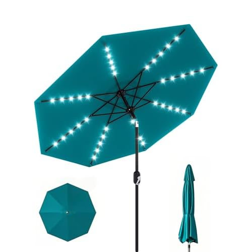GarveeLife 10 ft Patio Umbrella with Solar Lights, 8 Ribs Outdoor Market Table Umbrella with 40 LED Lights & Tilt Crank for Pool, Deck, Backyard (Turq