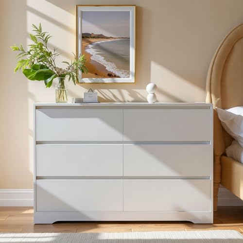 Feetice 6 Drawer Dresser for Bedroom, 47'' Larger White Dresser with Handle, MDF Chest of Drawers with 6 Storage Drawers for Living Room, Entryway and Hallway, White