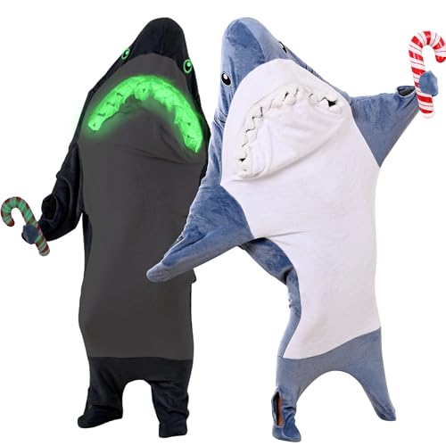 Glow in the Dark Shark Hoodie for Adults Premium 280GSM Flannel Sleepwear for Men & Women Luminous Wearable Blanket Hoodie Funny Secret Santa & White Elephant Gift Plus Size Pajamas