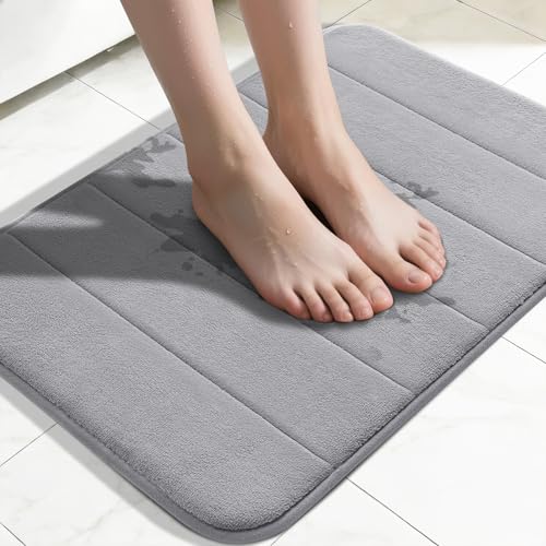 Yimobra Memory Foam Bath Mat, Super Soft Absorbent Bathroom Rug Non Slip, Quick Dry, Machine Washable Floor Carpet for Tub Shower, Home Decor Accessories, 24x17, Grey
