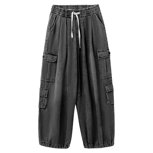 Men's Loose Fit Cargo Jeans Elastic Waist Wide Leg Denim Pants Casual Baggy Hip Hop Jean Trousers with Pockets