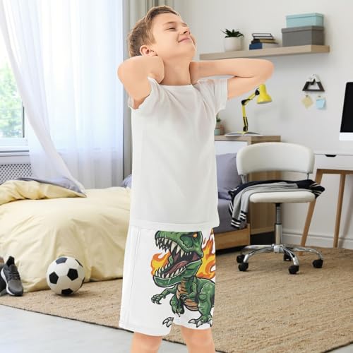 Boys Casual Shorts, Athletic Gym Shorts Elastic Waist with Pockets Fire Dinosaur Green Summer Sports Homewear 7-15Y3