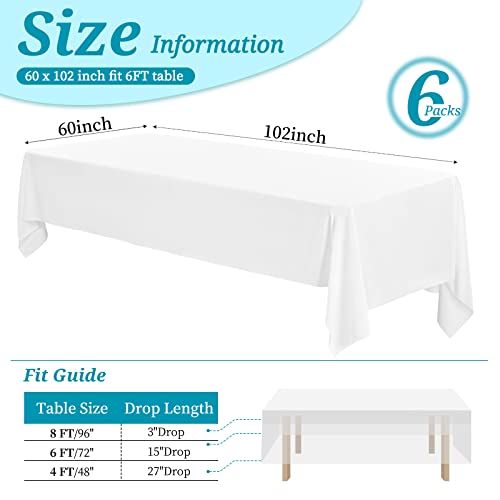 6 Pack Tablecloth 60 X102 Inch Polyester Table Cloth For 6 Foot Rectangle Tables,Stain And Wrinkle Resistant Washable Fabric Table Covers Polyester White Table Clothes For Wedding,Party,Banquet #TOP2