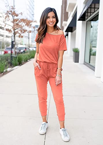 Image of PRETTYGARDEN Jumpsuits for Women Summer Off Shoulder Romper | Short Sleeve Drawstring Waist, Jogger Jumpers with Pockets, One Piece Spring Break Outfits, Vacation Travel Lounge Clothes