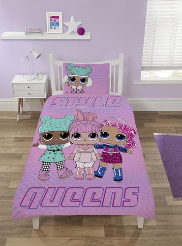 L0L Single Duvet Cover Set – Reversible Kids Bedding – Soft Pollycotton Quilt Cover with Pillowcase – Perfect for Girls Bedroom – Official LOL Surprise Merchandise