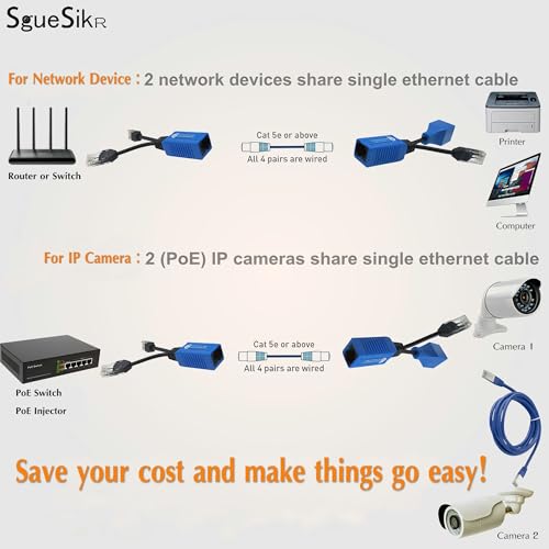 Image of 4 Pair PoE Ethernet Splitter, RJ45 Cable Sharing Kits - Waterproof | 2-in-1 Cat5e & cat6 Combiner, Ethernet Extender up to 600ft for 8 Security IP Cameras NVR Surveillance System