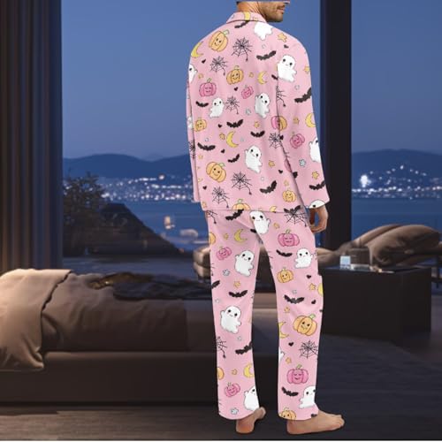 INSTANTARTS Halloween Cute Pumpkin Pj Sets for Men Soft Long Sleeve Comfortable Mens Pajama Set Pjs Sleepwear Soft Polyester Sleepwear Lounge Pjs Set Classic with Pockets Size XS3