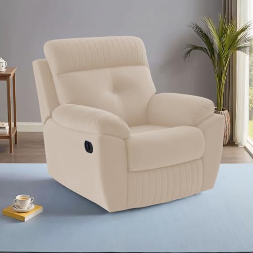 Image of Adorn India Premium Majestic 1 Seater Recliner Manual Sofa Chair | Cream Suede Velvet Fabric | Soft Padded Back Rest & Handrest | Living Room Recliner Chair | 3 Years Warranty