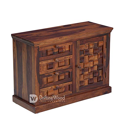 Image of DRIFTINGWOOD Solid Sheesham Wood Sideboard Tv Cabinet for Living Room | Free Standing Movable Tv Unit Side Board Table with 4 Drawer & Door Cabinet Storage Furniture for Home | Honey