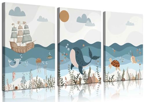 3Pcs Nautical Nursery Canvas Wall Art Blue Beach Animal Wall